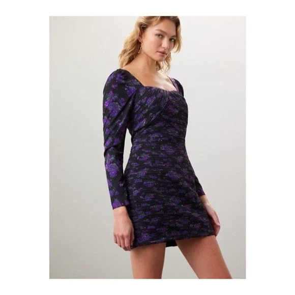 AMUR | Dresses | Amur Giulia Black Purple Pleated Floral Print Long Sleeve  Mini Dress Size | Poshmark
